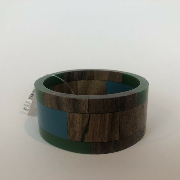 New Chico's Wide Blue and Green Wood Bangle Bracelet - Picture 7 of 10